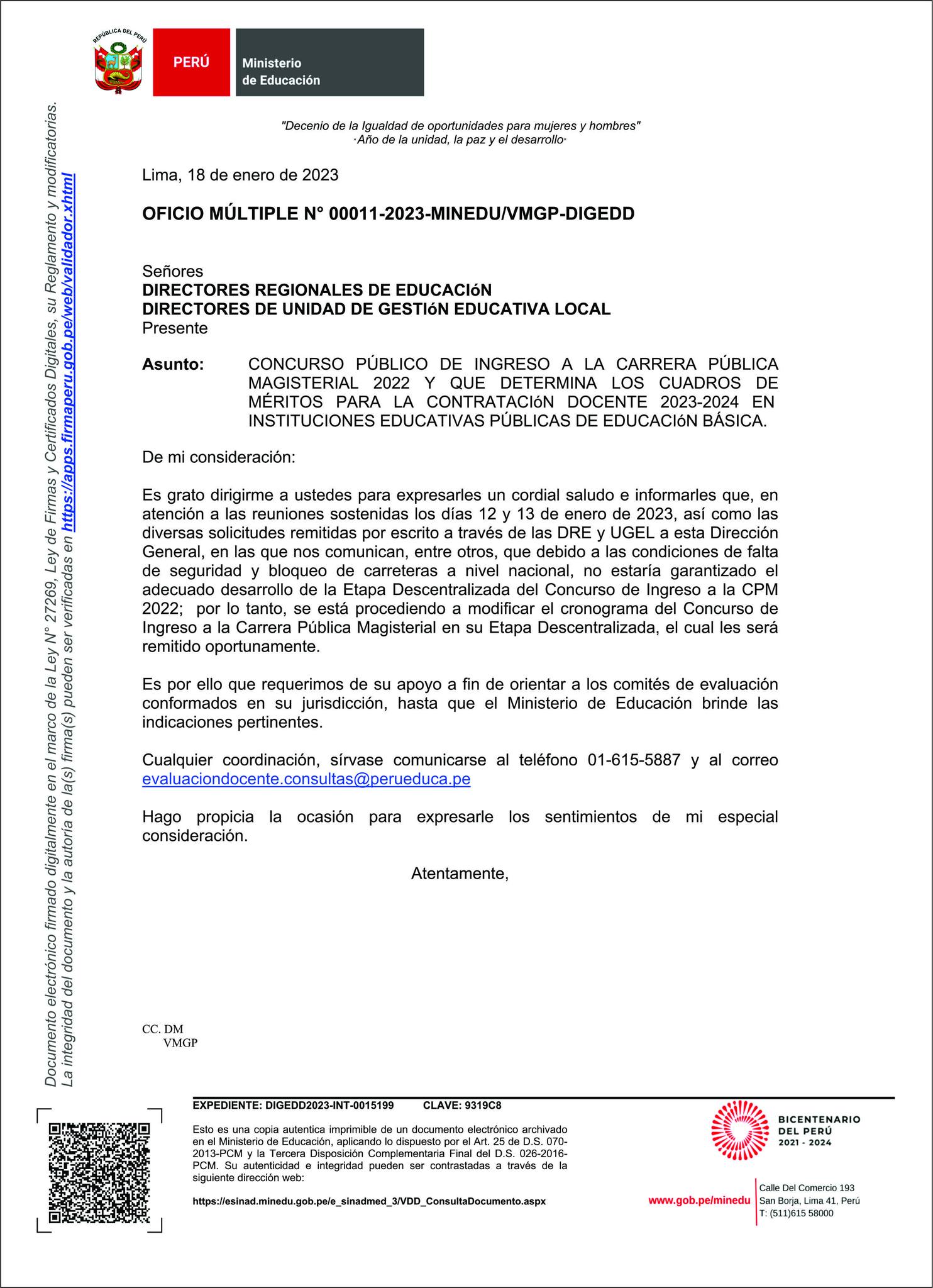 Oficio Múltiple Nº 011-2023-MINEDU